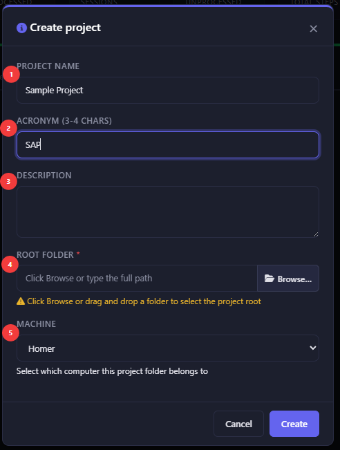 The New project dialog with name, acronym, description, root folder, and machine name fields